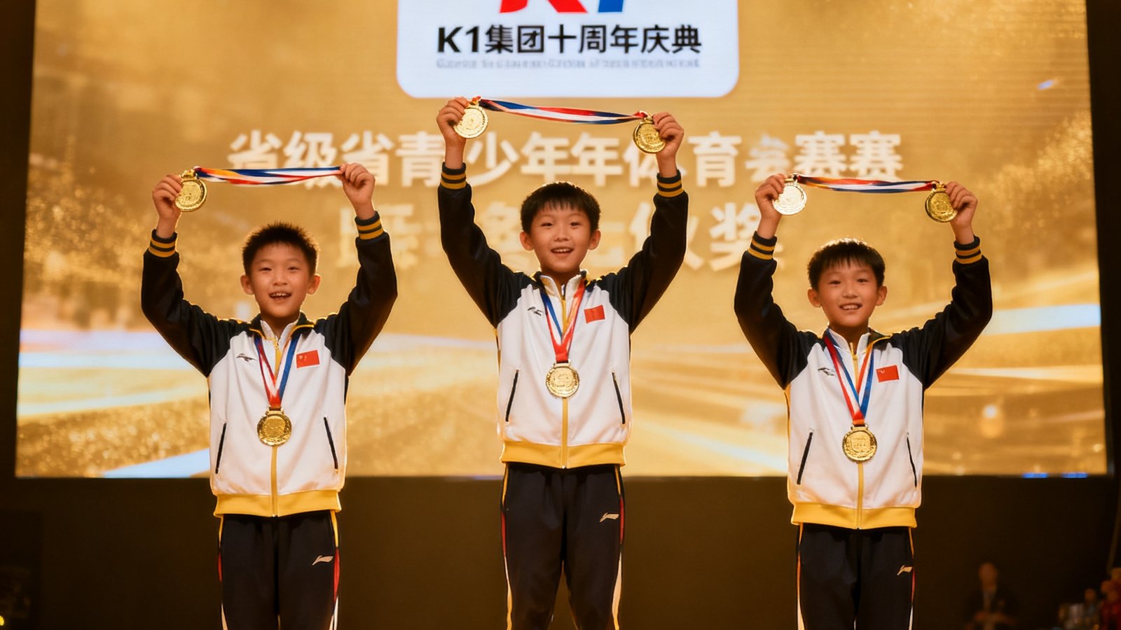 颁奖典礼现场，三名获得省级青少年体育赛事奖牌的k1学员站在领奖台上高举奖牌，背后大屏幕显示着k1集团十周年庆典的标志