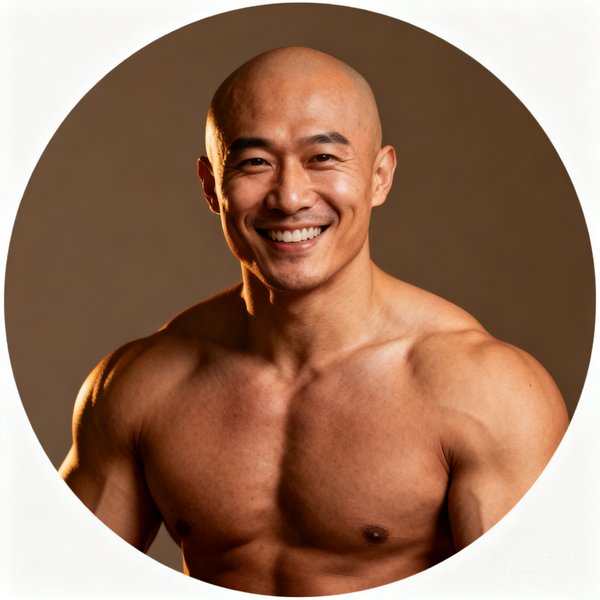 篮球项目主教练张明的圆形头像，身材魁梧的光头男性教练，手臂上有明显的肌肉线条，笑容爽朗