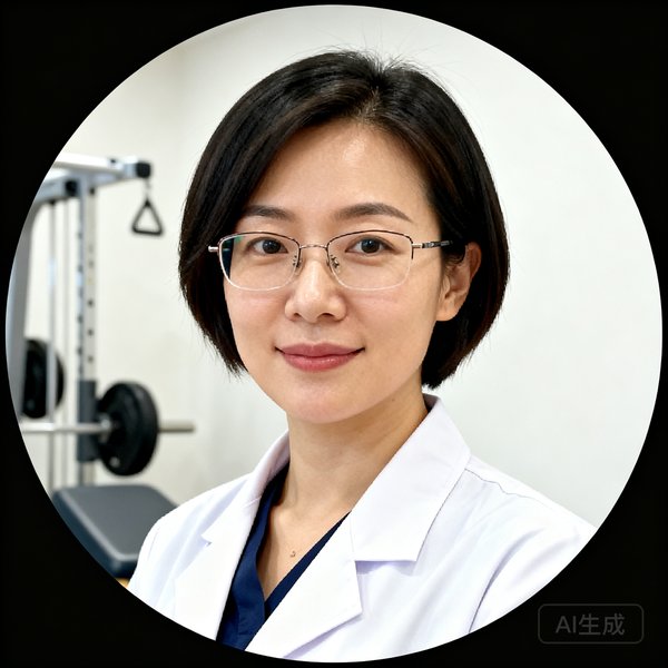 运动康复专家赵医生的圆形头像，戴眼镜的知性女性，穿着白大褂，身后隐约可见康复治疗设备